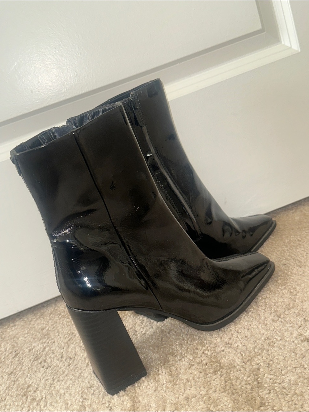 Sam Edelman Black Patent Pointed Toe Block Heel Ankle Boots - Women Size 7
